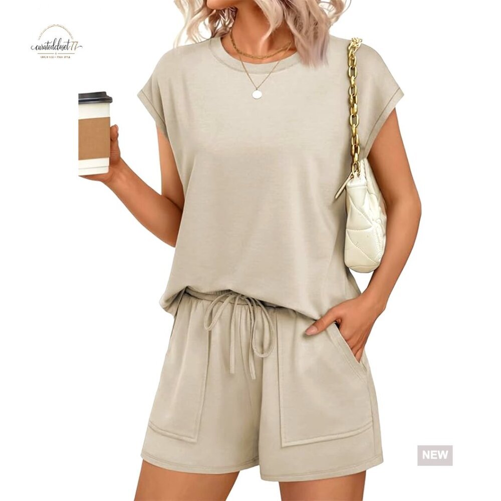 Large Summer Lounge Set with Pockets, Cap Sleeve Crewneck Top and Shorts